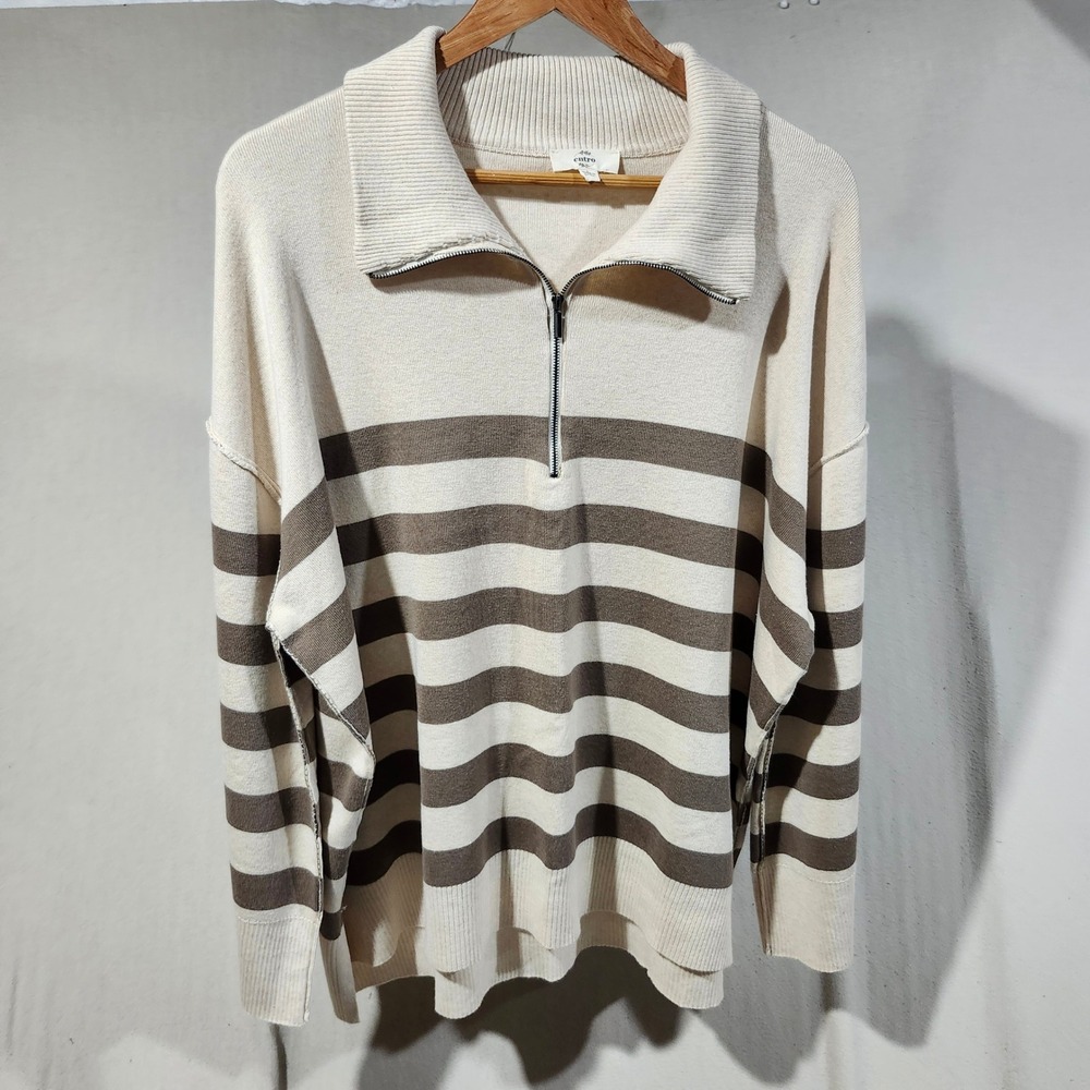 Entro Women Cream Taupe Striped Quarter Zip Oversized Sweater T23797 Large Soft